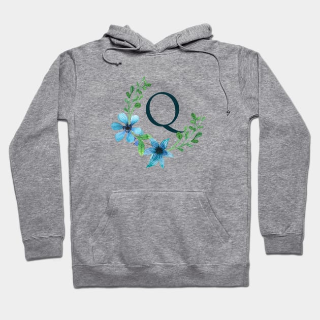 Floral Monogram Q Pretty Blue Flowers Hoodie by floralmonogram